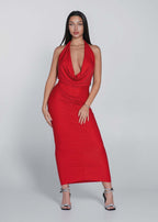 Rochie Bling Mirage roșie midi lycra cu cristale, decolteu amplu tip cowl, rochie elegantă de seară pe corp