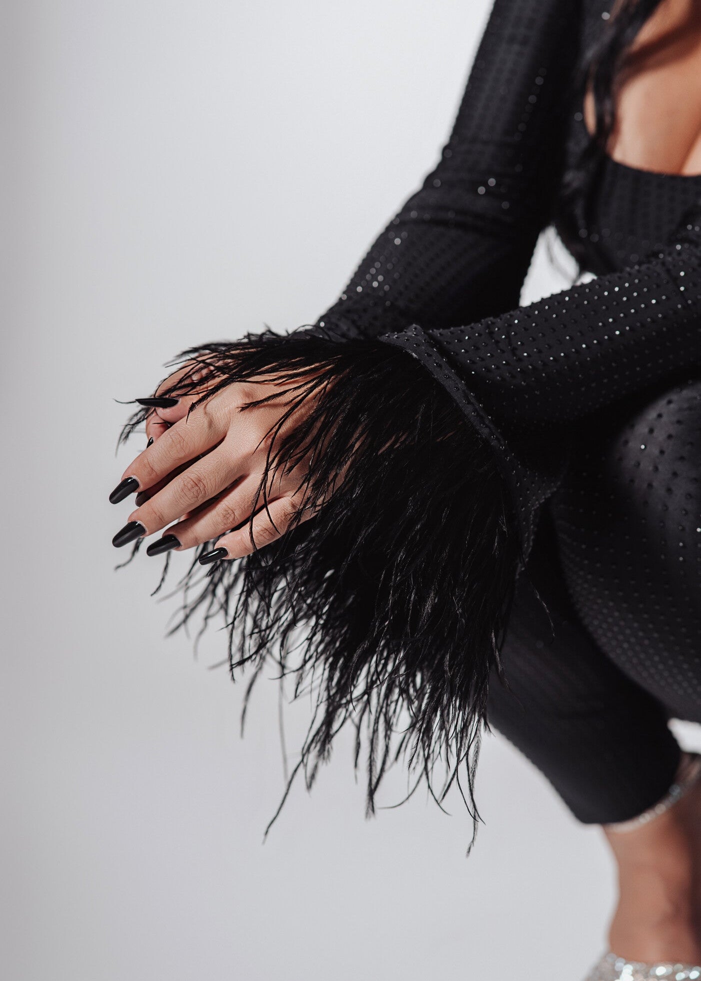 Bling Obsession crystal and feather lycra jumpsuit