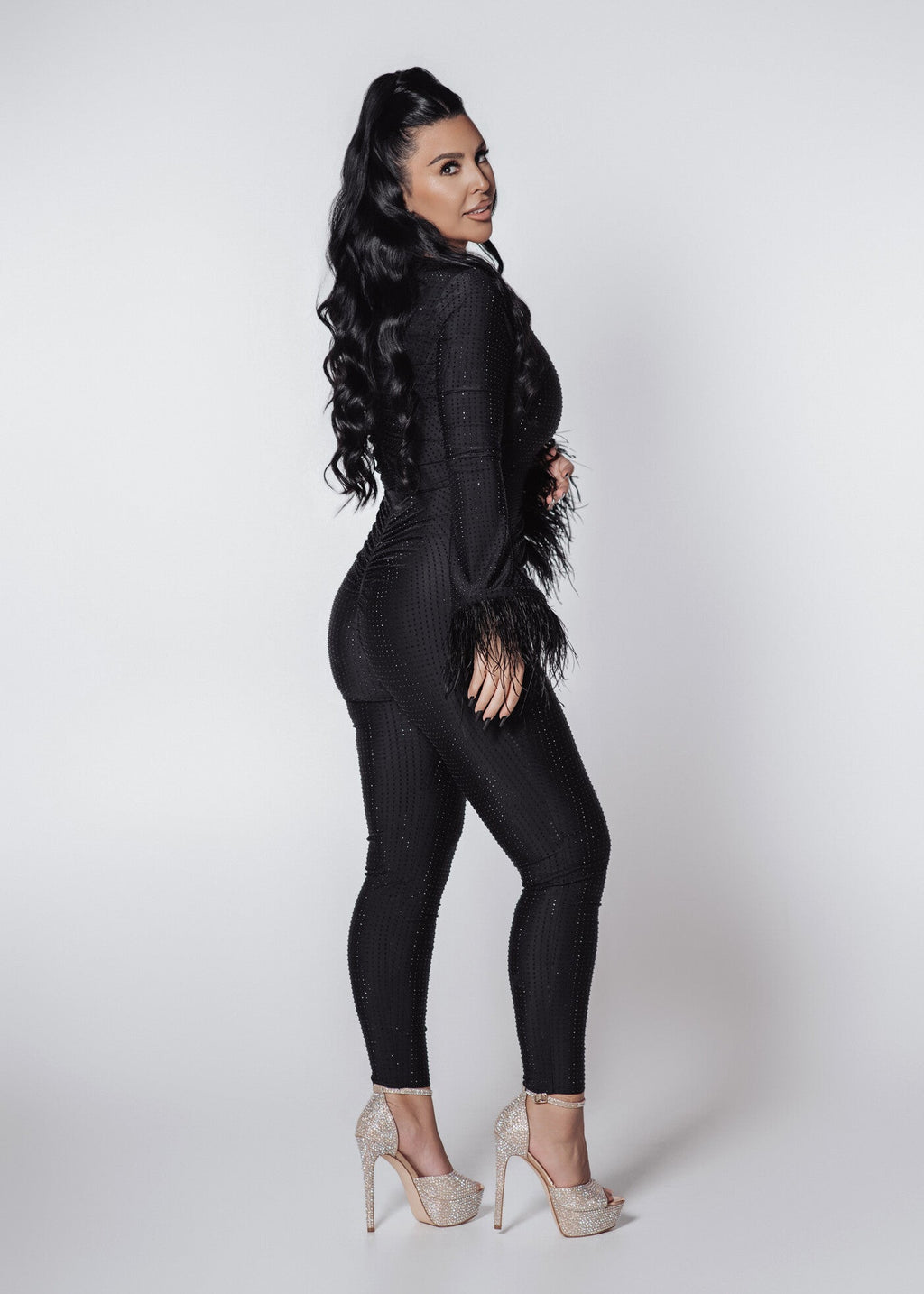 Bling Obsession crystal and feather lycra jumpsuit