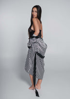 Alt Tag: Set pijama Nighty 3 piese cu dantelă și satin, cu halat satinat cu dungi și top din dantelă