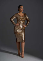 Rochie SIA Eclipse Desire, Rochie midi elegantă cu paiete reversibile aurii, manecă lungă, croială tip creion pentru ocazii speciale