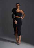 Rochie Midi Obsidian Flame by Sia House - Umăr Asimetric și Floare 3D Sia House pentru femei elegante