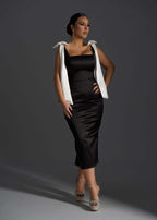 Rochie midi SIA Angel Lust neagră din tafta cu bretele albe tip fundă, croială mulată elegantă pentru ocazii speciale