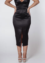 Rochie Bling Seduction midi neagră din tafta, croială conică, deschidere frontală, elegantă pentru ocazii speciale