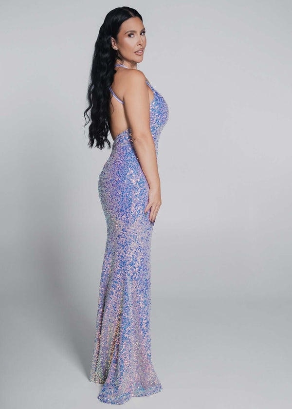 Alt Tag: Rochie Bling Siren tip sirenă cu paiete multicolore rainbow, rochie lungă elegantă pentru evenimente speciale