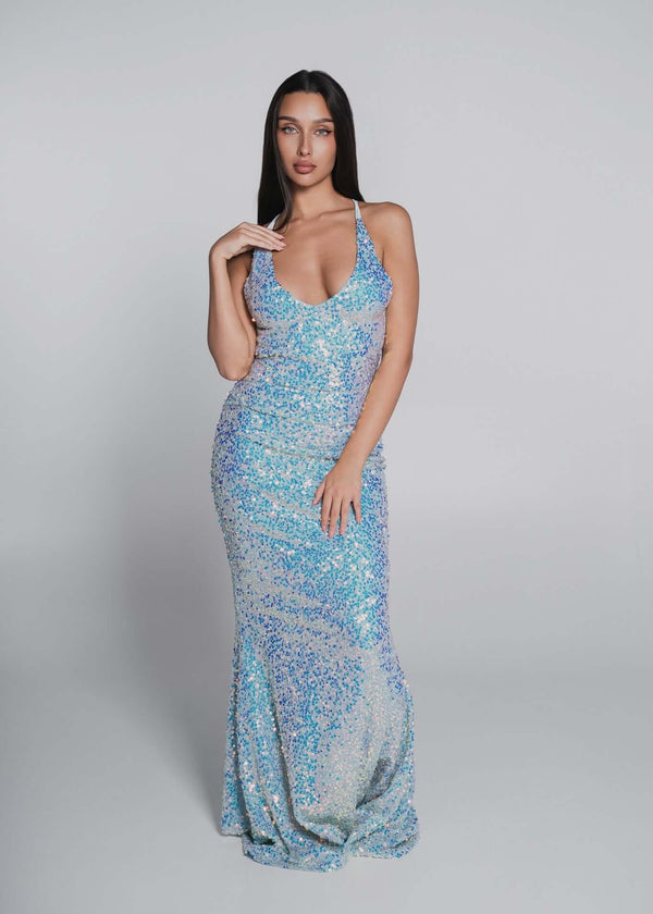 Alt Tag: Rochie Bling Siren tip sirenă cu paiete multicolore rainbow, rochie lungă elegantă, decolteu adânc, pentru evenimente