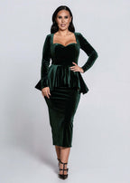 Rochie SIA Velvet Sinner midi din catifea verde închis, croială tip creion și peplum elegant, ținută de seară sofisticată