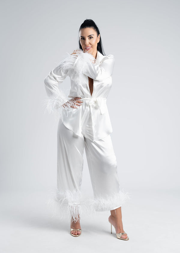Costum satin mătase cu pene Zeyna
