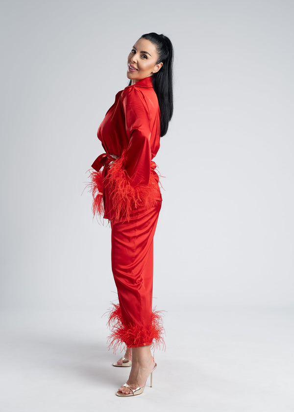 Costum satin mătase cu pene Zeyna
