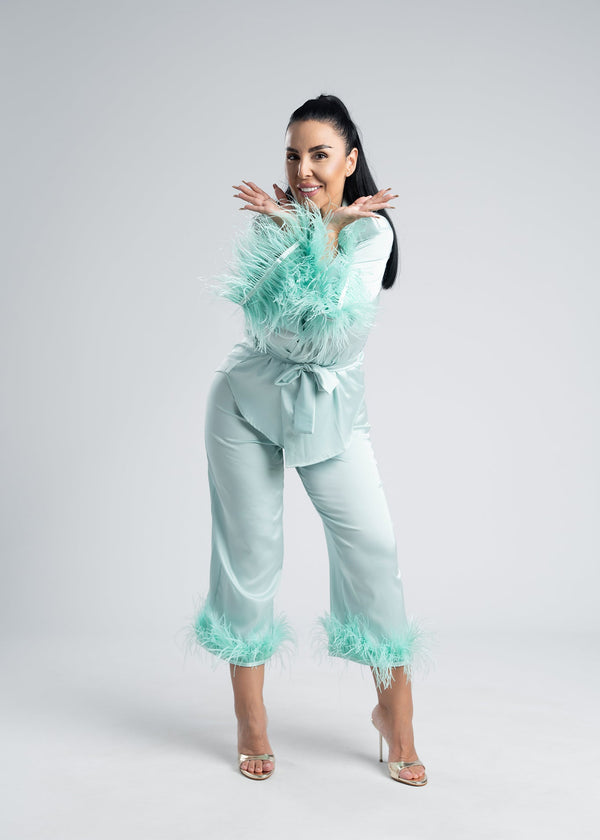 Costum satin mătase cu pene Zeyna