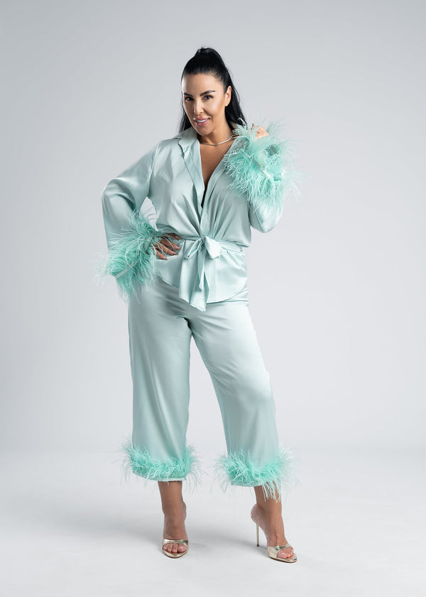 Costum satin mătase cu pene Zeyna
